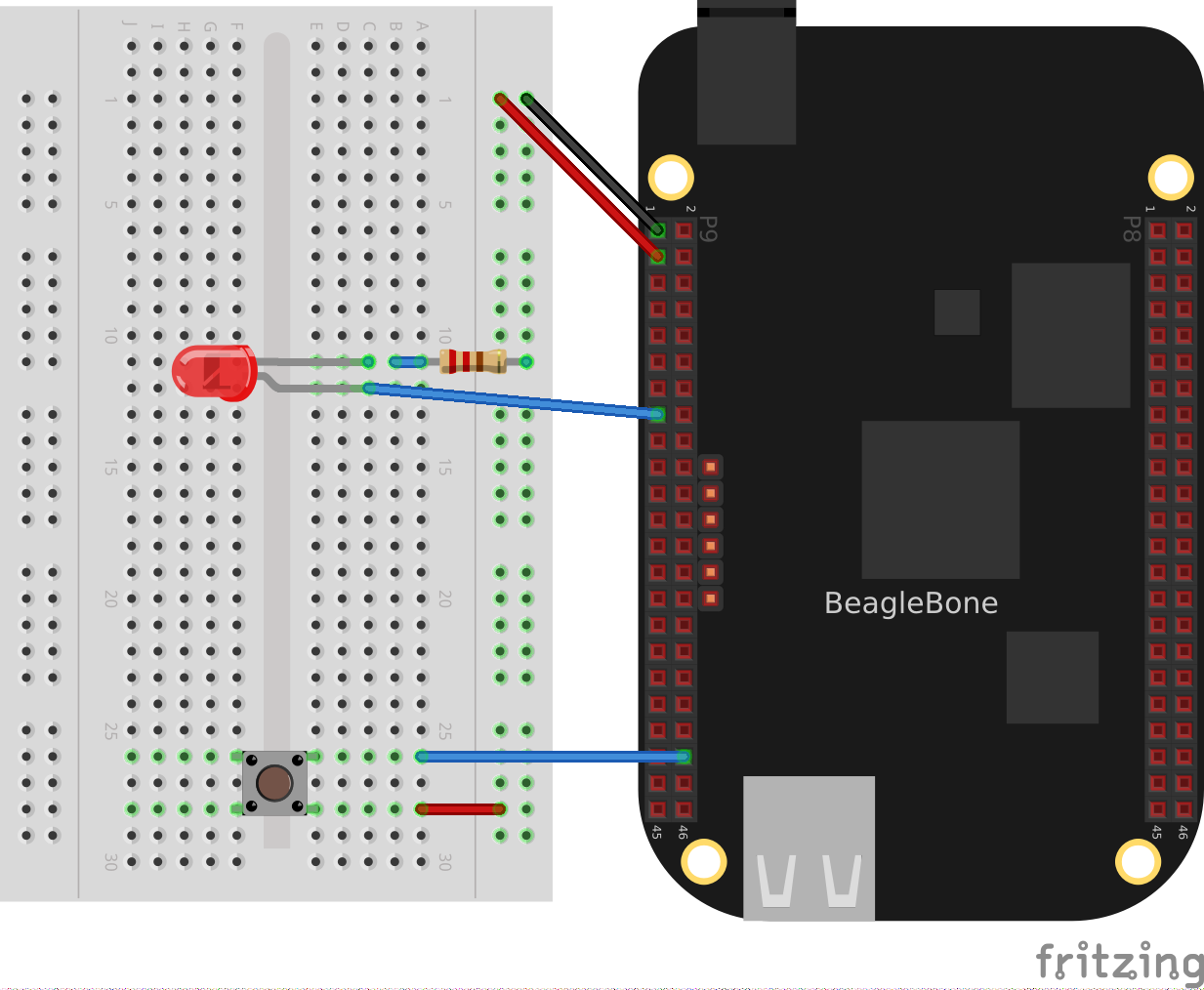 Bone with pushbutton and LED wired to P9_13